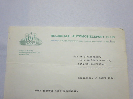 1982 RAC Regionale Automobielsport Club Oost Car Rally Racing Letter Letterhead