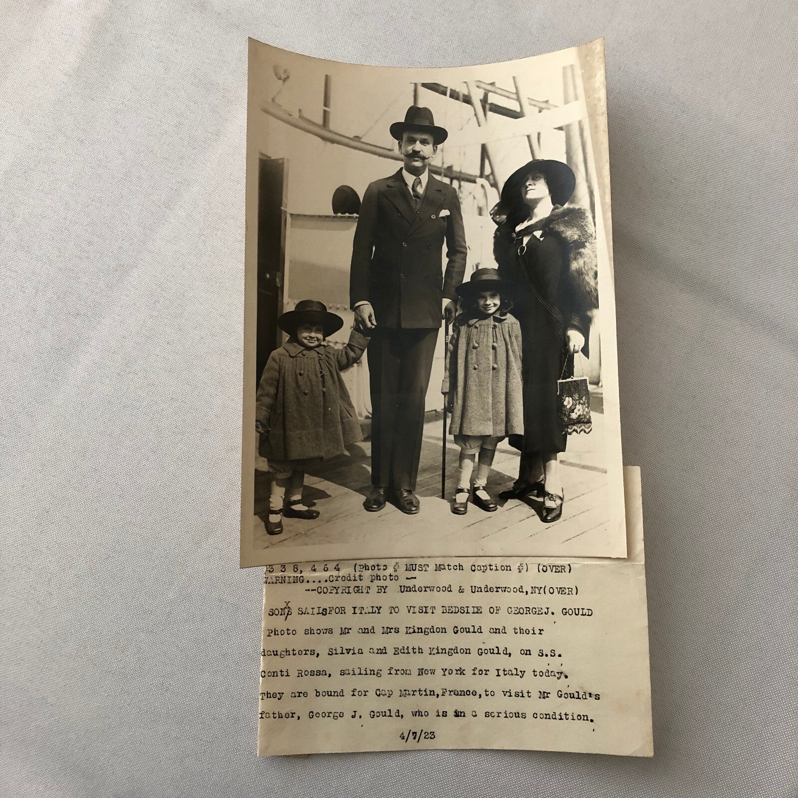 Press Photo Photograph George J Gould Son Family SS Conti Rossa Ship Boat 1923