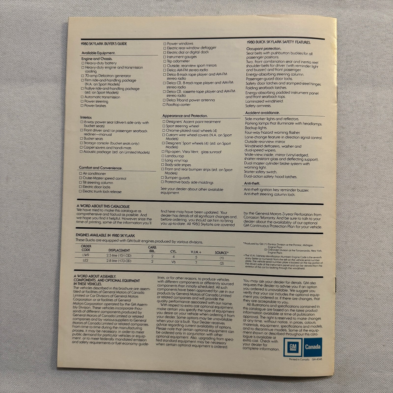 1980 Buick Skylark Car Sales Brochure Catalog Vintage Car Advertising