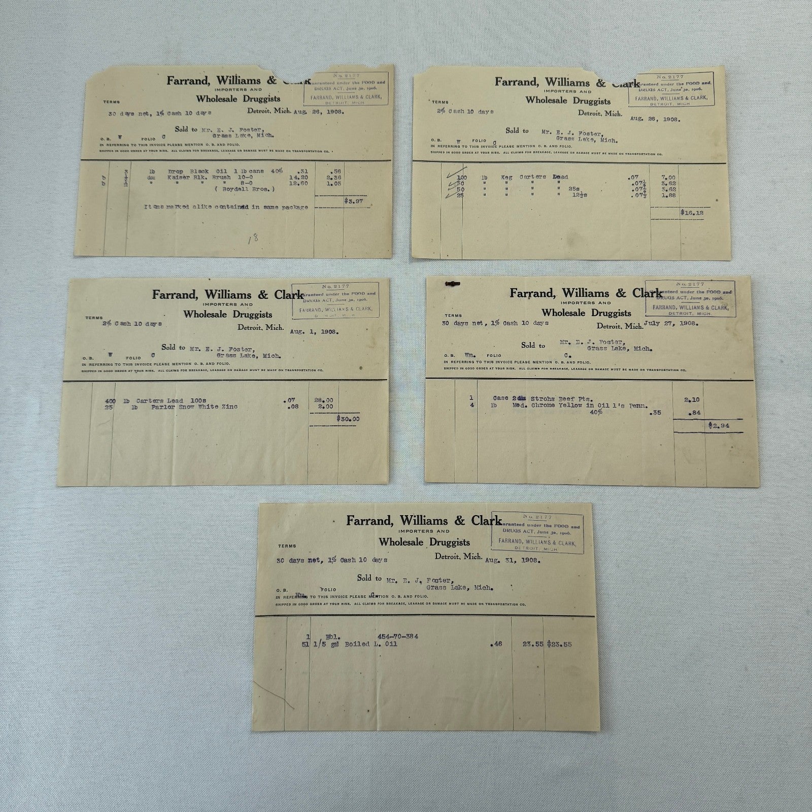 Farrand Williams and Clark Wholesale Druggists Detroit 1908 Invoice Receipt Lot