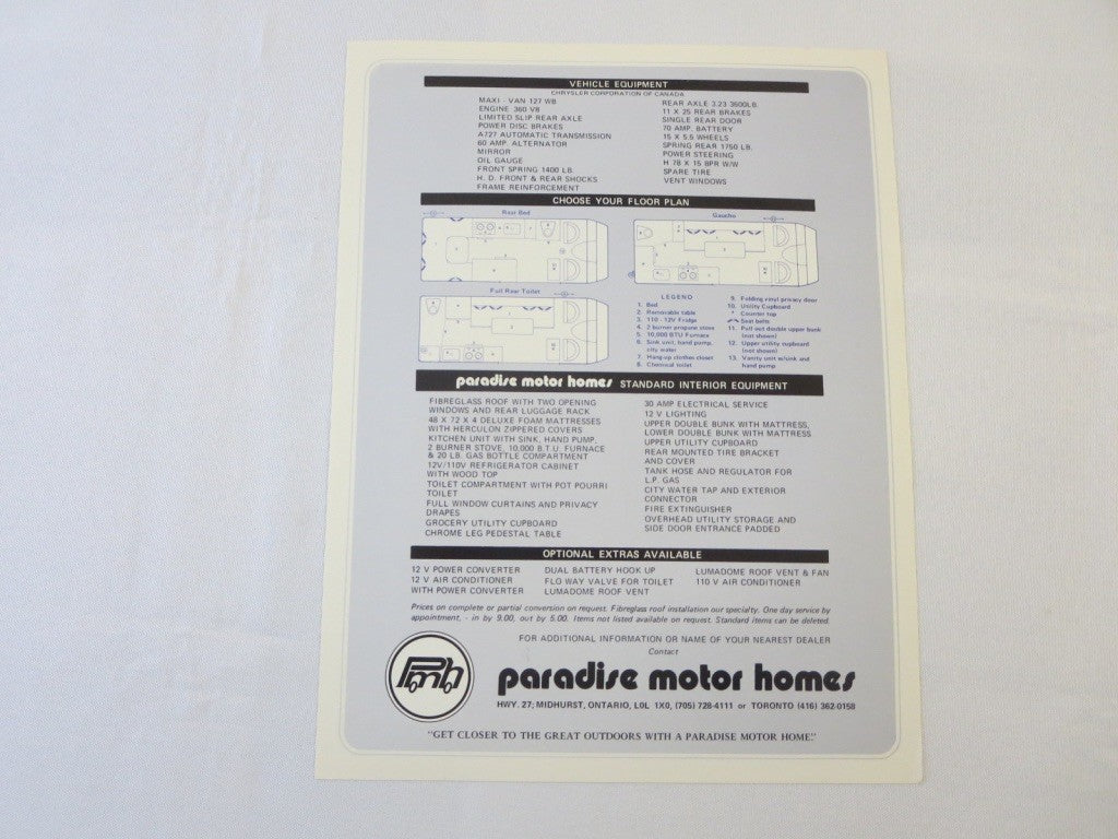 1970's Paradise Camper Van Motor Home Sales Brochure Catalog