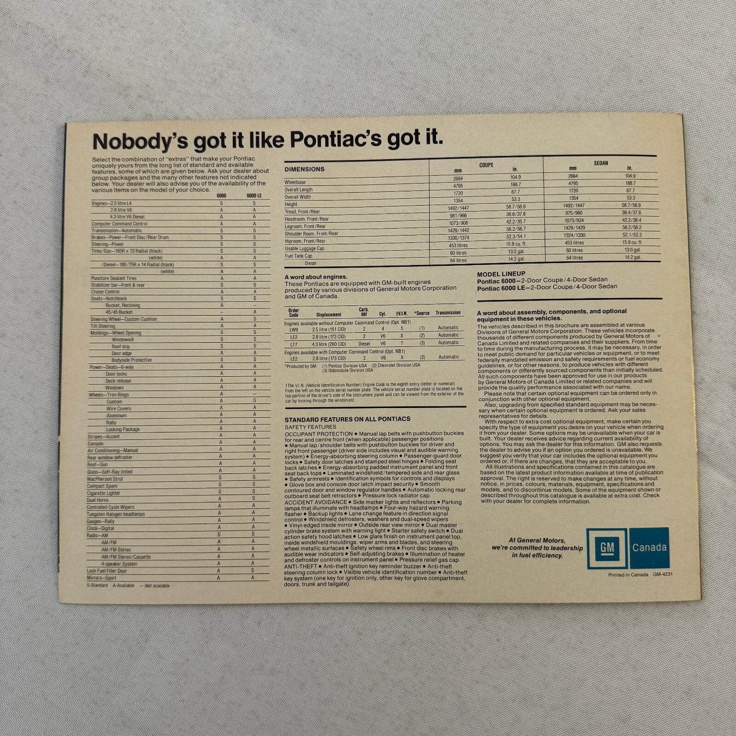 1982 Pontiac 6000 Car Sales Brochure Catalog Advertising 6000 LE