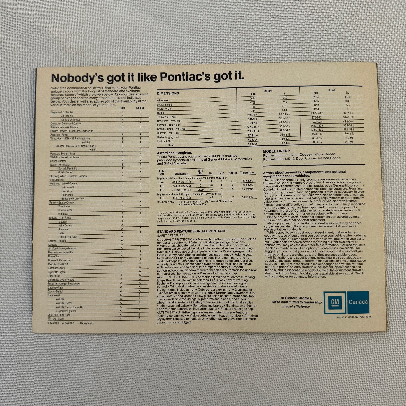 1982 Pontiac 6000 Car Sales Brochure Catalog Advertising 6000 LE