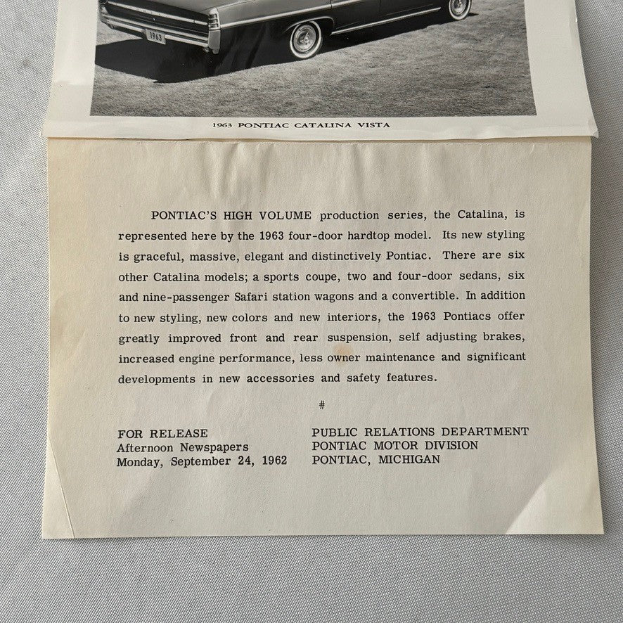 1963 Pontiac Catalina Vista Hardtop Car Automobile Factory Press Photo