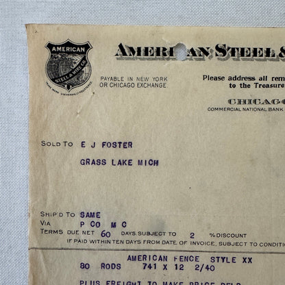 American Steel and Wire Company 1908 Receipt Invoice Document Vintage Chicago