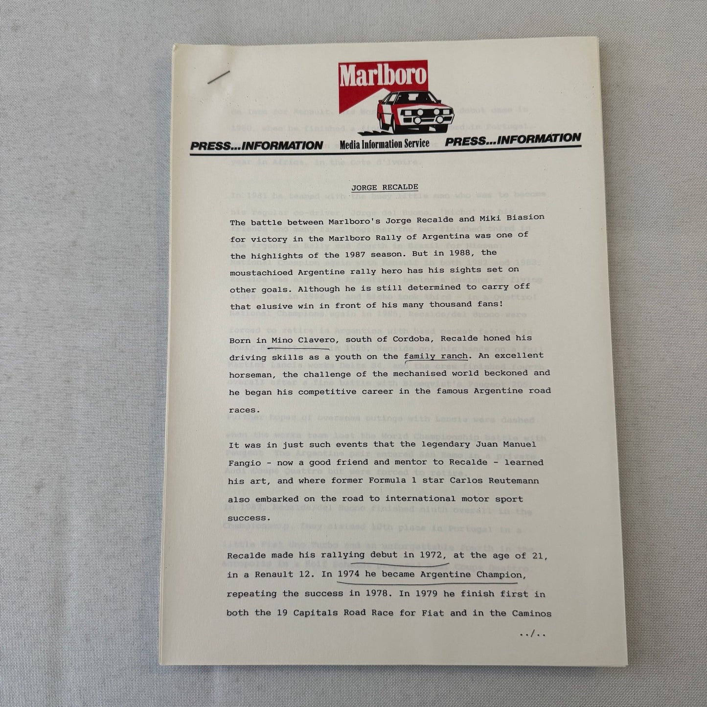 1988 Marlboro Rally Racing World Championship Press Kit Mazda Lancia Toyota