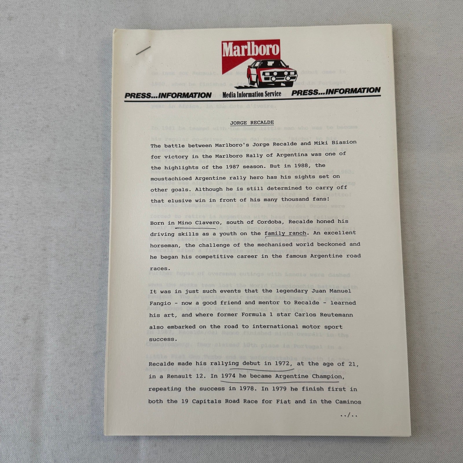 1988 Marlboro Rally Racing World Championship Press Kit Mazda Lancia Toyota