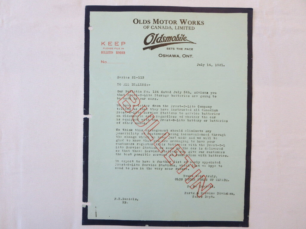1921 Oldsmobile Dealer Bulletin Letter Prest-O-Lite Batteries Prestolite