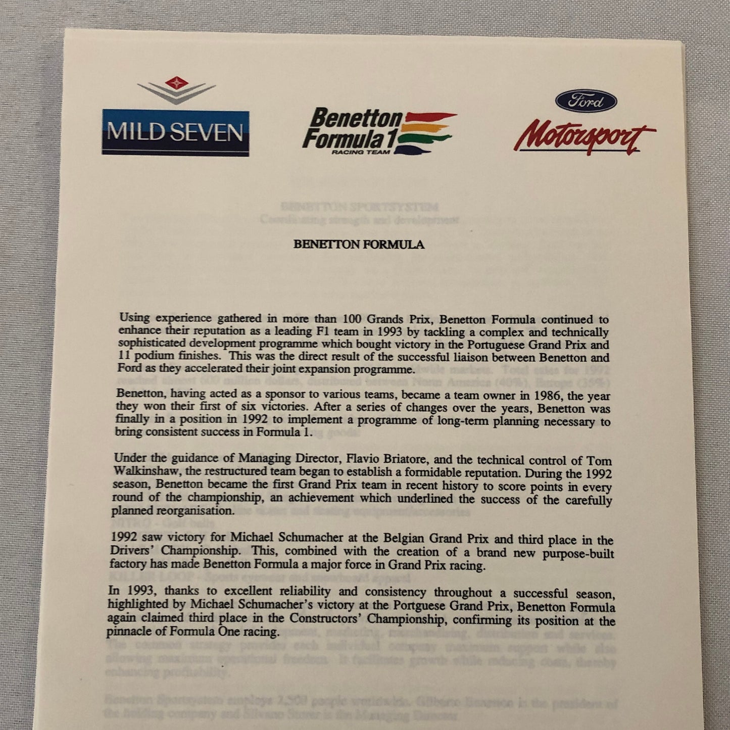 Benetton Ford B194 Racing Car Press Kit with Photos