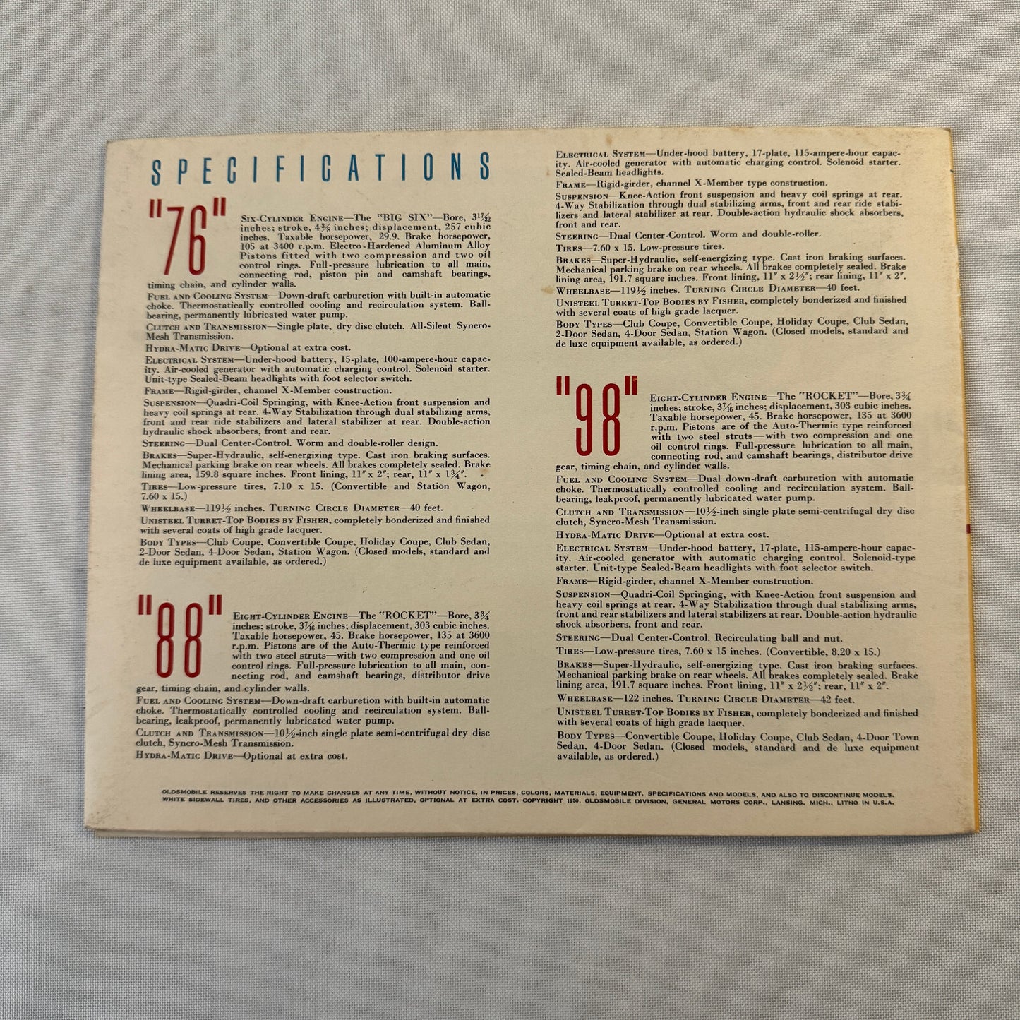 Oldsmobile Sales Brochure Catalog 76 88 98 Coupe Sedan Convertible 1950 1951