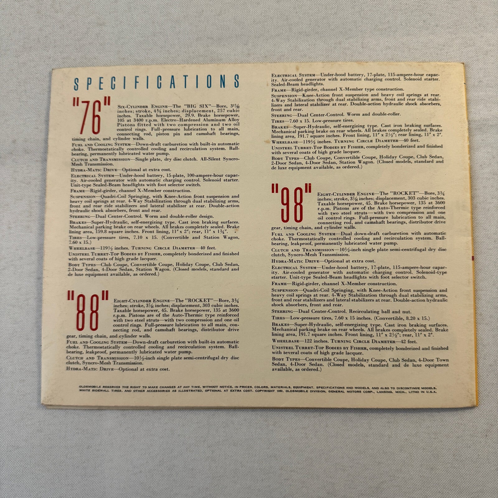 Oldsmobile Sales Brochure Catalog 76 88 98 Coupe Sedan Convertible 1950 1951