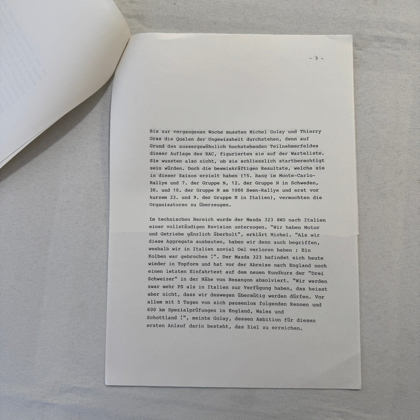 1988 Mazda Rallye Racing Press Release Document Lot 2x Mazda 323 German Text