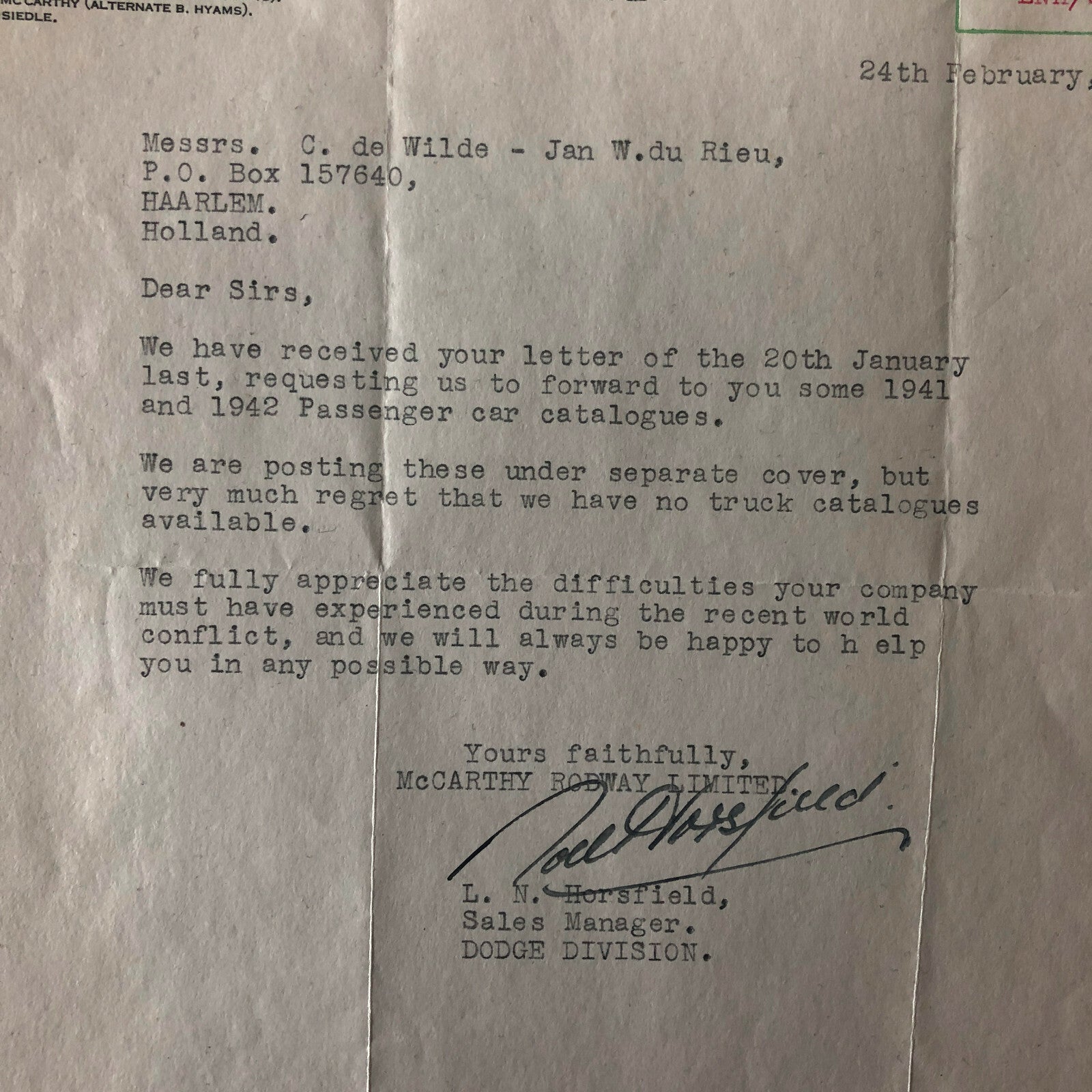 1947 Morris Dodge & Packard Car and Truck Dealership Letter Letterhead Document 