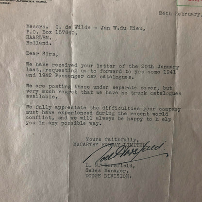 1947 Morris Dodge & Packard Car and Truck Dealership Letter Letterhead Document 