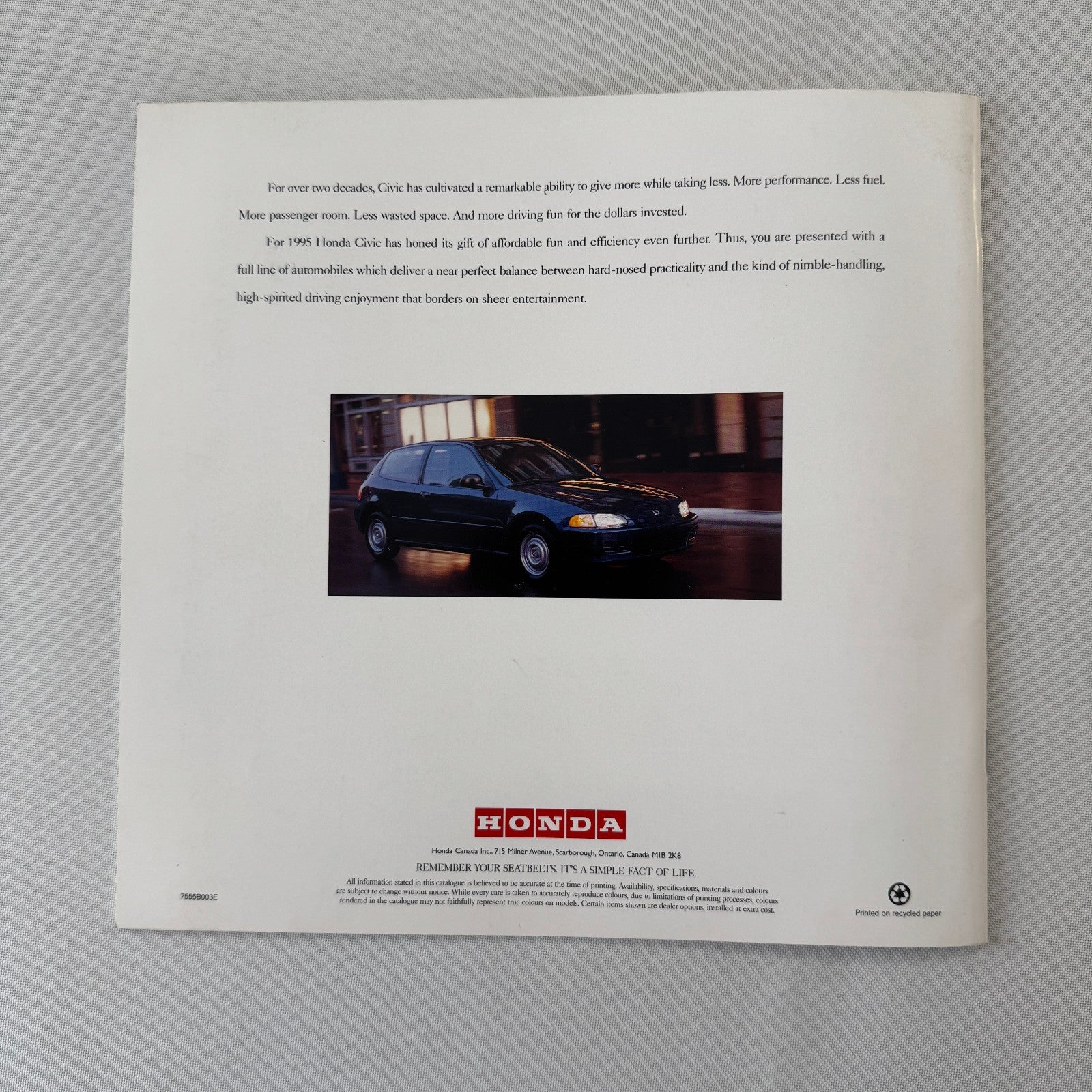 1995 Honda Civic Car Sales Brochure Catalog Hatchback Coupe Sedan Canadian