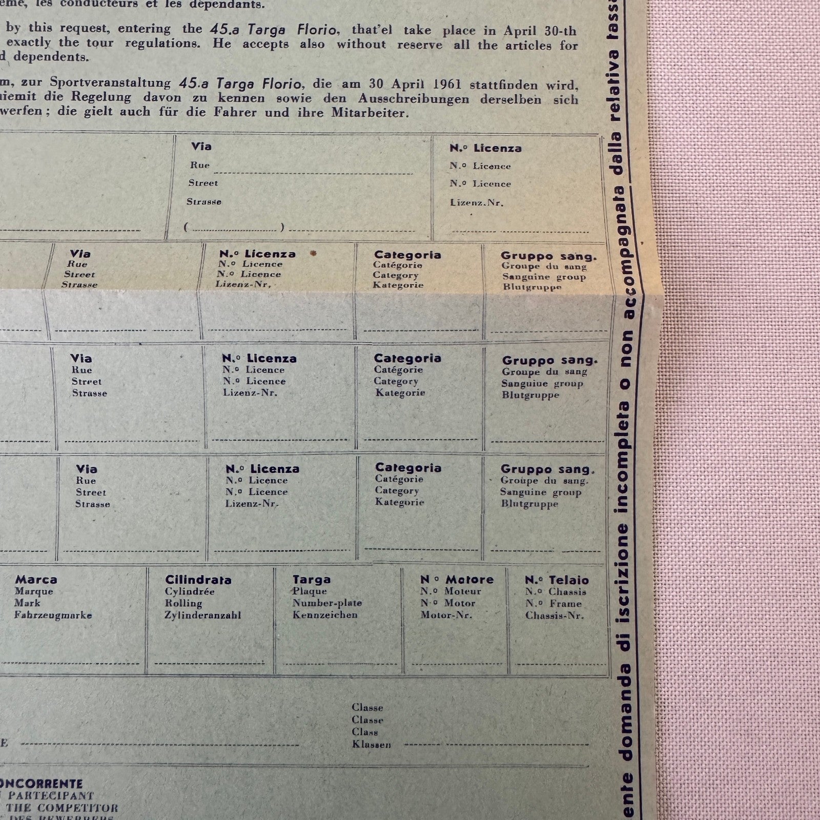 1961 Targa Florio Racing Race Application Form Document Vintage