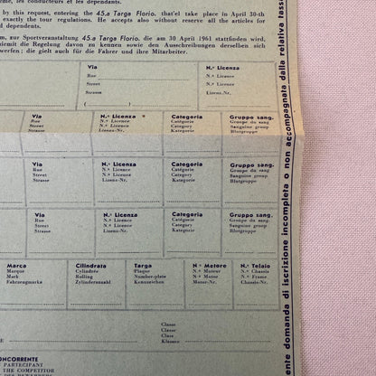 1961 Targa Florio Racing Race Application Form Document Vintage