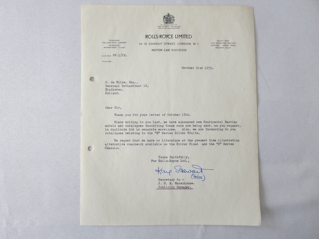 1955 Rolls Royce Limited Letter Letterhead Document Bentley Continental Wraith