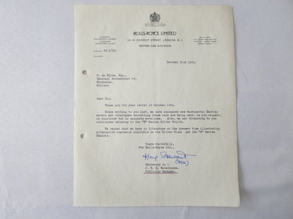 1955 Rolls Royce Limited Letter Letterhead Document Bentley Continental Wraith