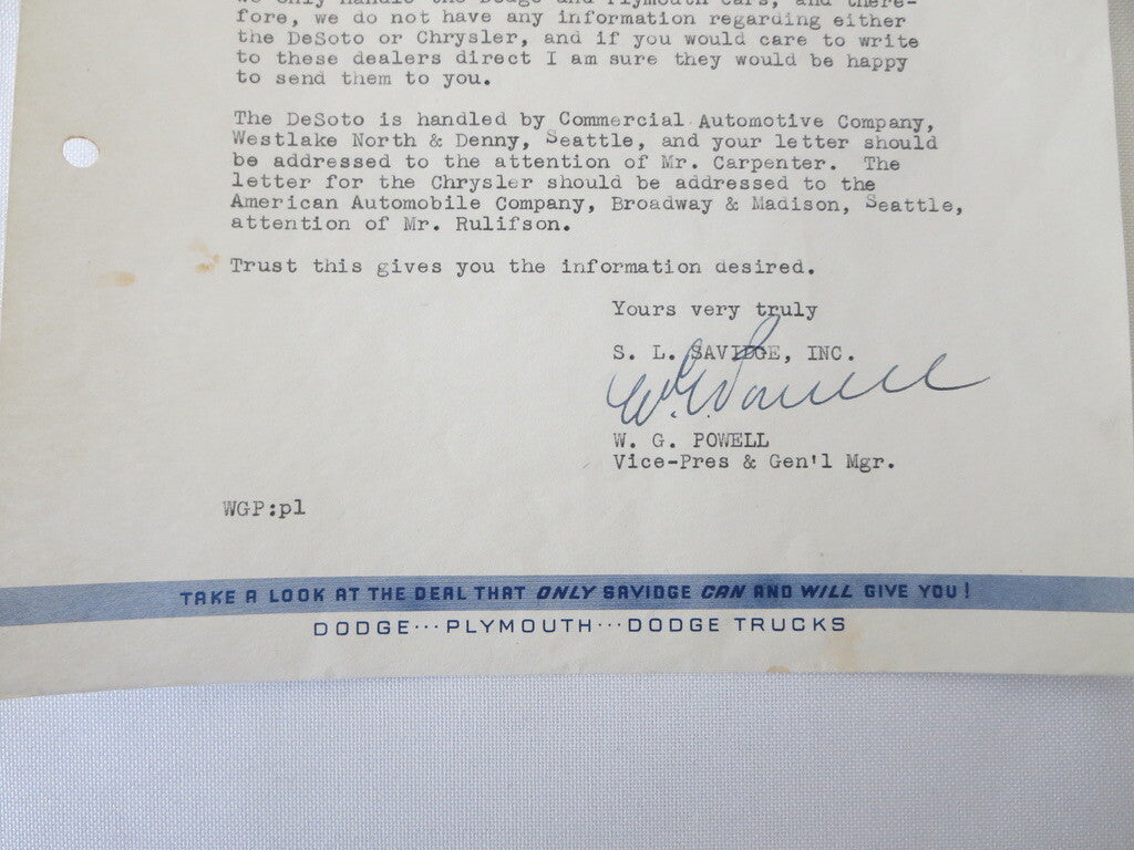 1949 1951 Dodge Plymouth Dealership Letter S.L. Savidge Motors Letterhead