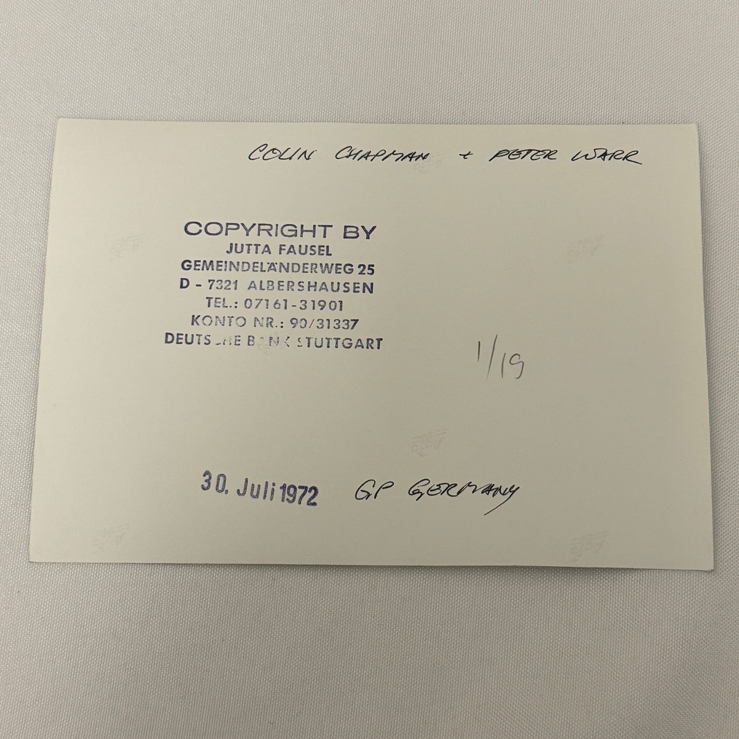 Vintage Racing Photo 1972 German Grand Prix Colin Chapman Peter Warr Motorsport