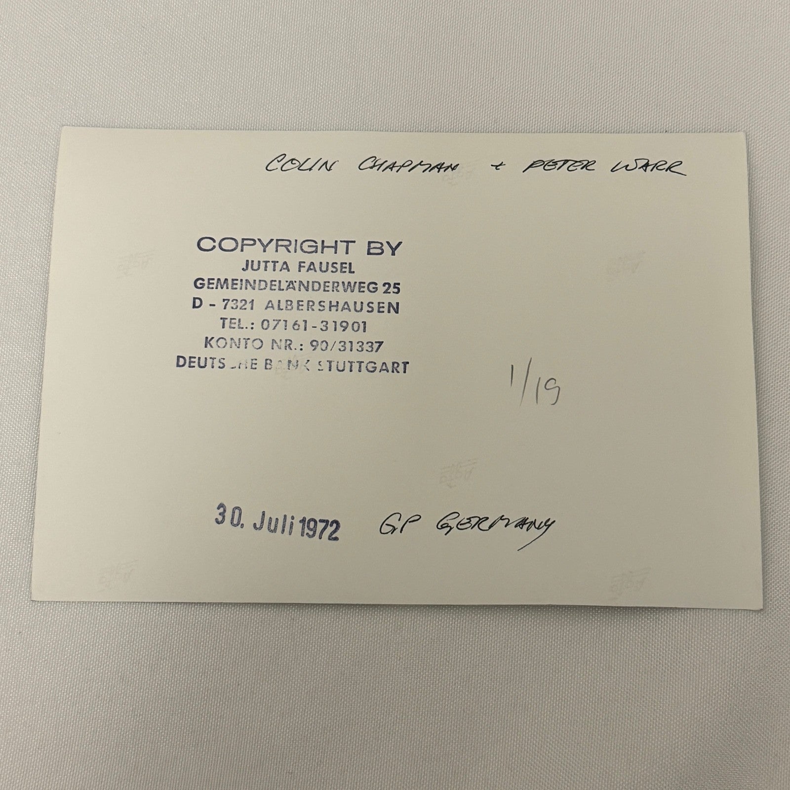 Vintage Racing Photo 1972 German Grand Prix Colin Chapman Peter Warr Motorsport