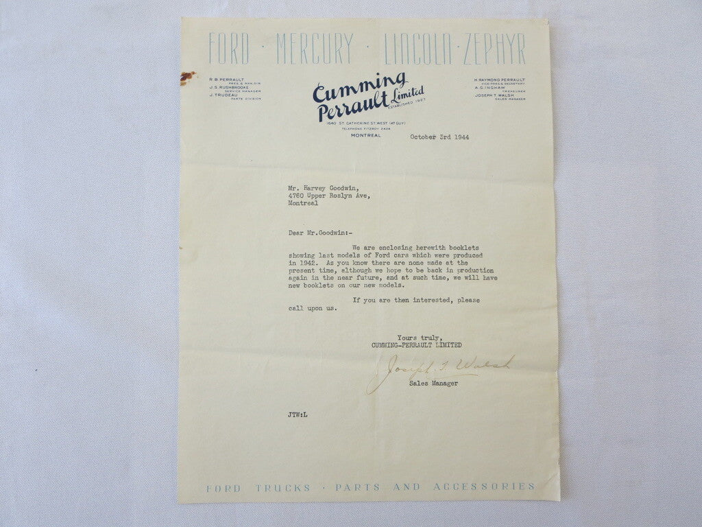 1944 1942 Ford Mercury Lincoln Zephyr Dealer Letter Letterhead Cumming Perrault