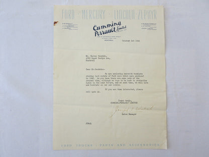 1944 1942 Ford Mercury Lincoln Zephyr Dealer Letter Letterhead Cumming Perrault