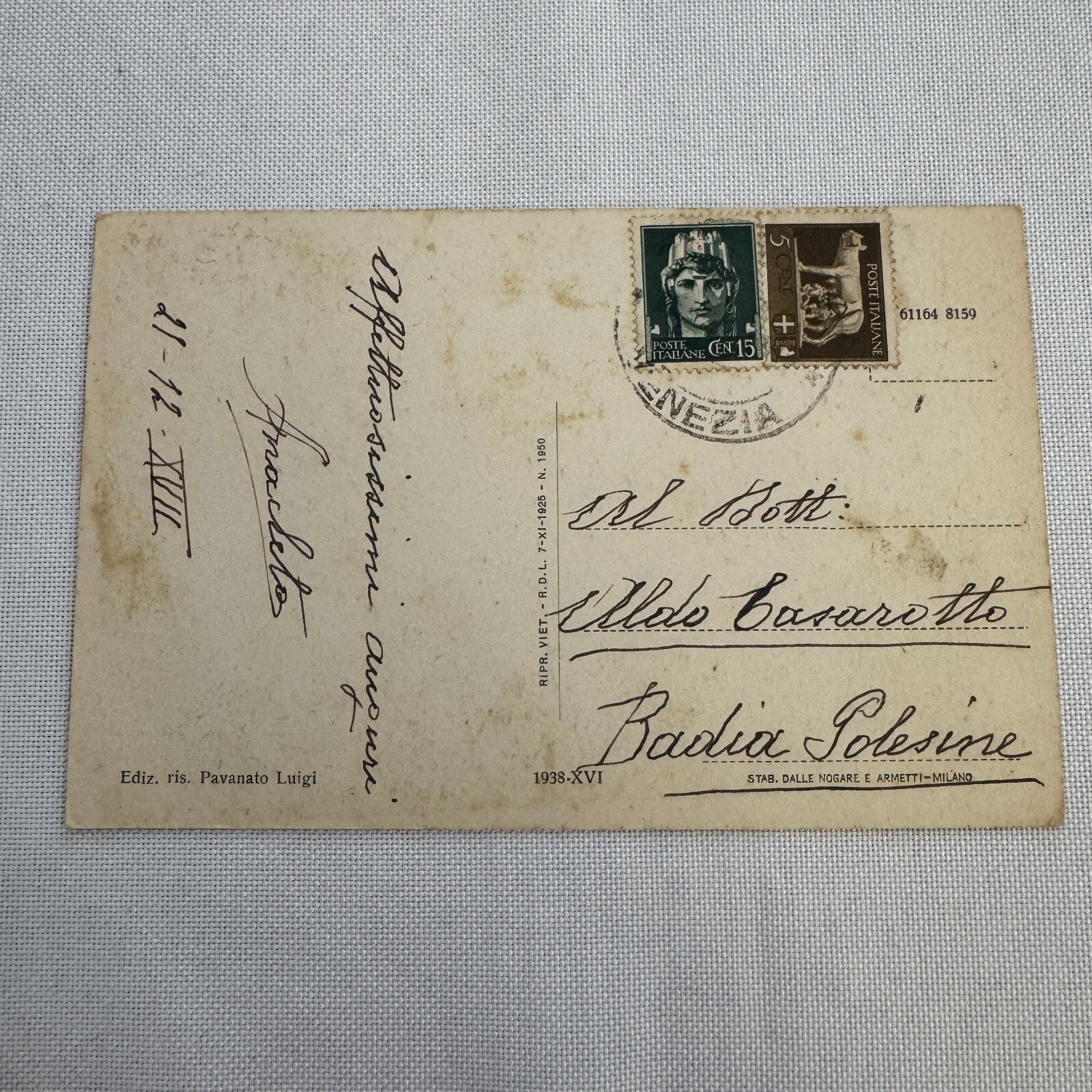 Vintage Italian Postcard Post Card Cavarzere Ponte Sull'Adige Car Automobile