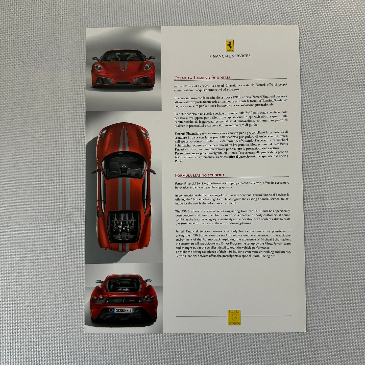 Ferrari Financial Services Formula Leasing Sales Brochure Catalog Advertising