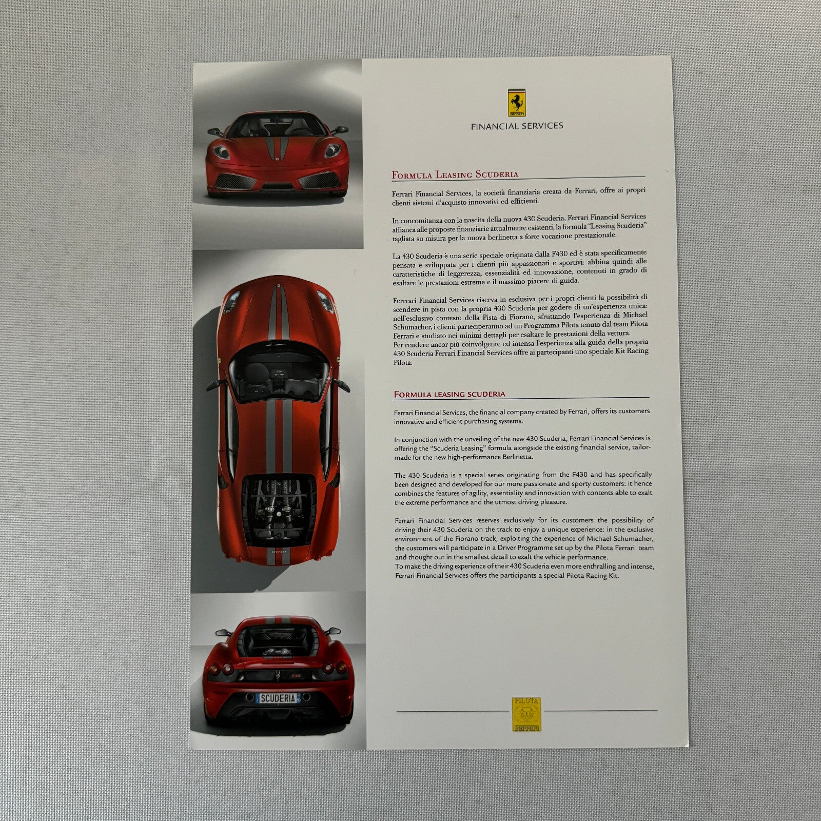 Ferrari Financial Services Formula Leasing Sales Brochure Catalog Advertising