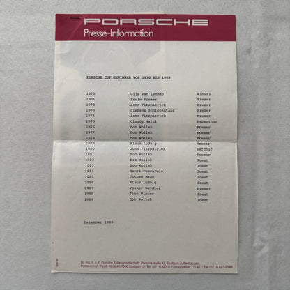 Porsche Cup Racing Factory Press Release Bob Wollek Photo 1989 Vintage German