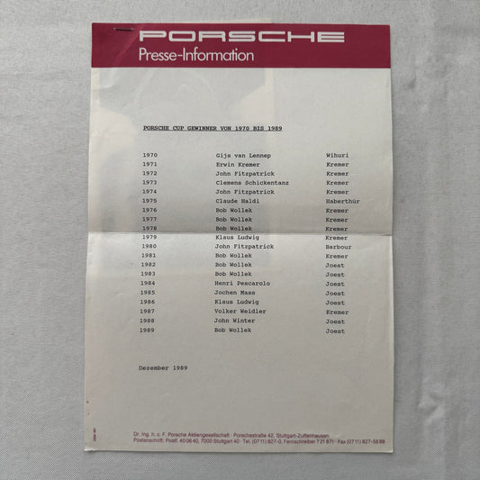 Porsche Cup Racing Factory Press Release Bob Wollek Photo 1989 Vintage German