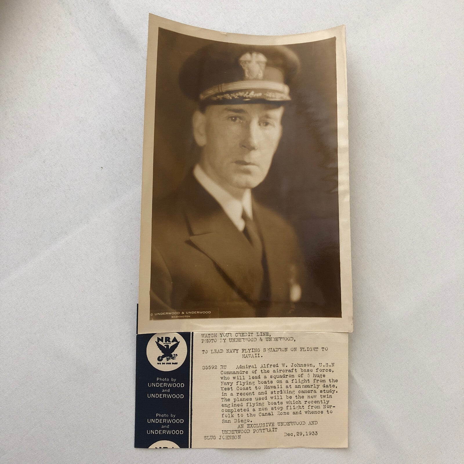 Press Photo Photograph Navy Flying Boat Commander Admiral Alfred W Johnson 1933