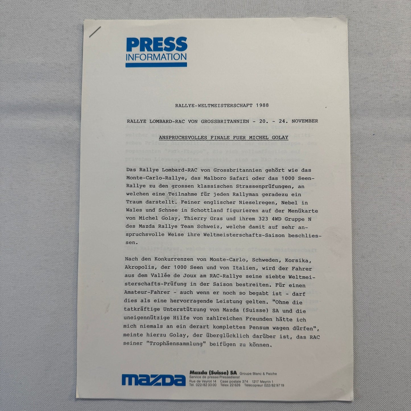 1988 Mazda Rallye Racing Press Release Document Lot 2x Mazda 323 German Text