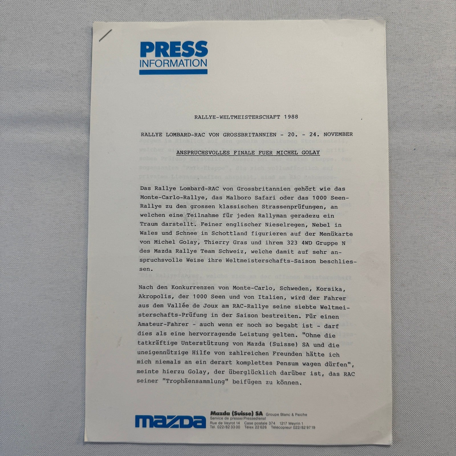 1988 Mazda Rallye Racing Press Release Document Lot 2x Mazda 323 German Text