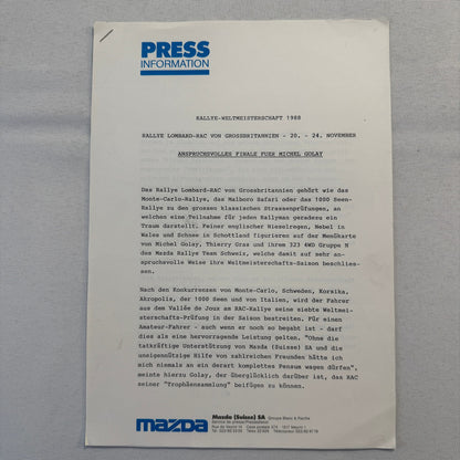 1988 Mazda Rallye Racing Press Release Document Lot 2x Mazda 323 German Text