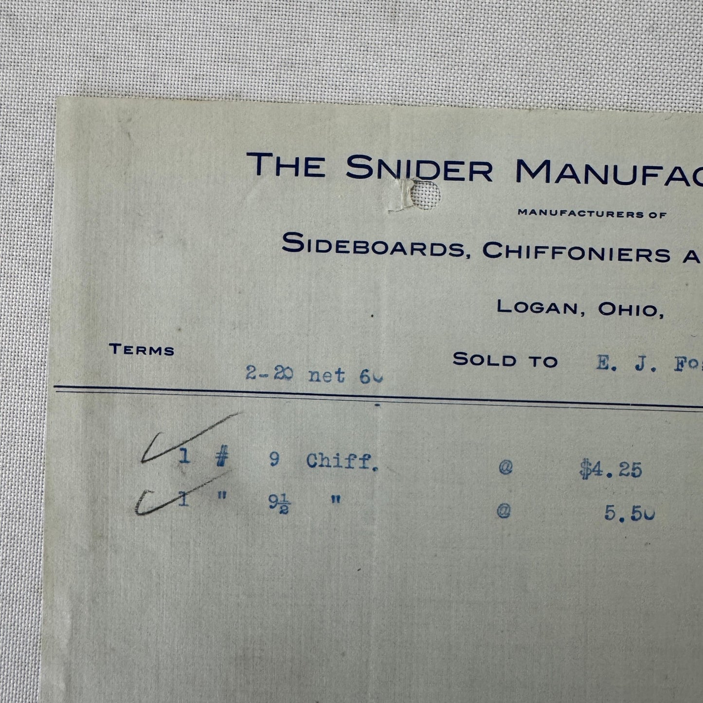 Snider Manufacturing Company Receipt Invoice Document 1908 Furniture Logan OH