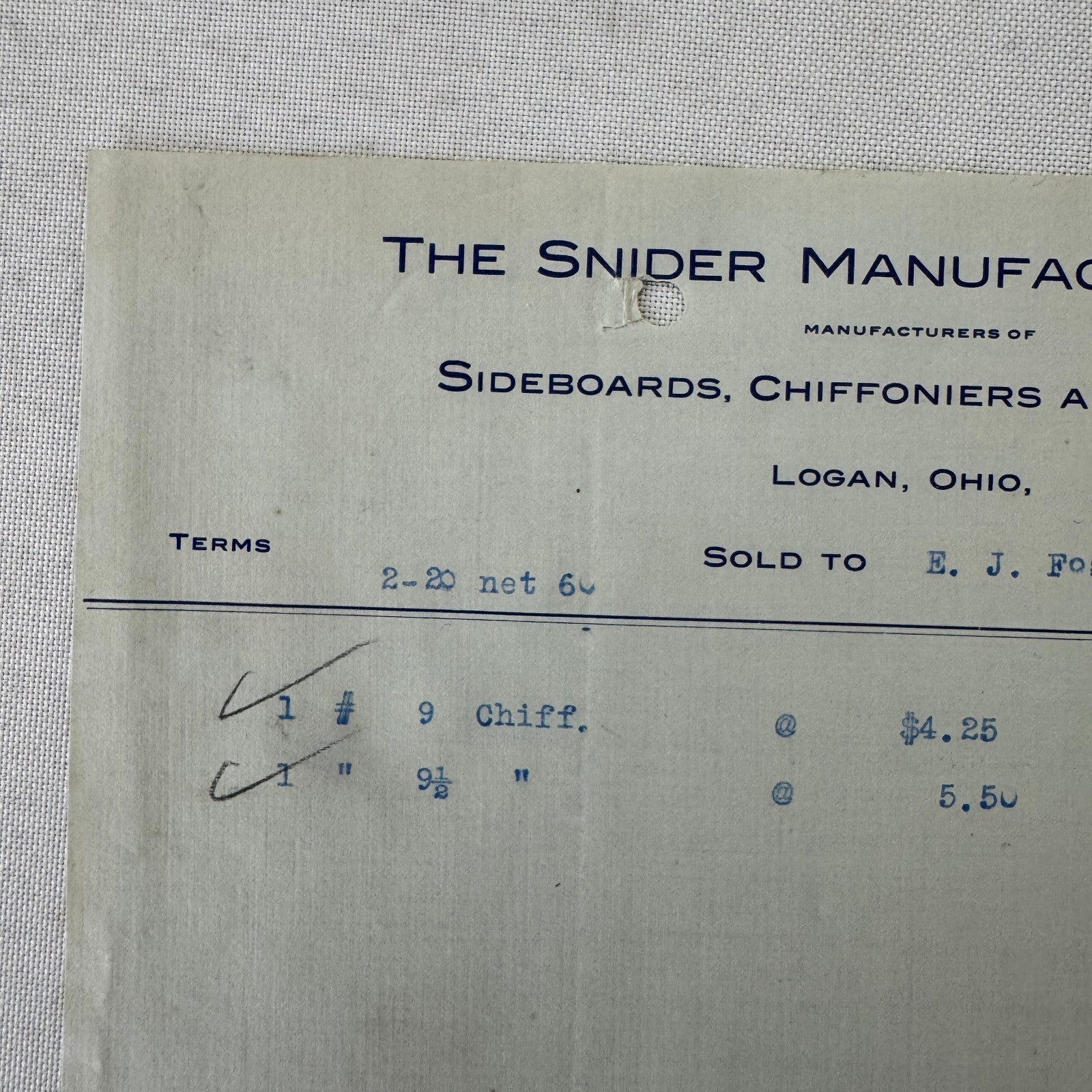 Snider Manufacturing Company Receipt Invoice Document 1908 Furniture Logan OH