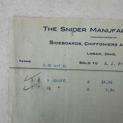 Snider Manufacturing Company Receipt Invoice Document 1908 Furniture Logan OH
