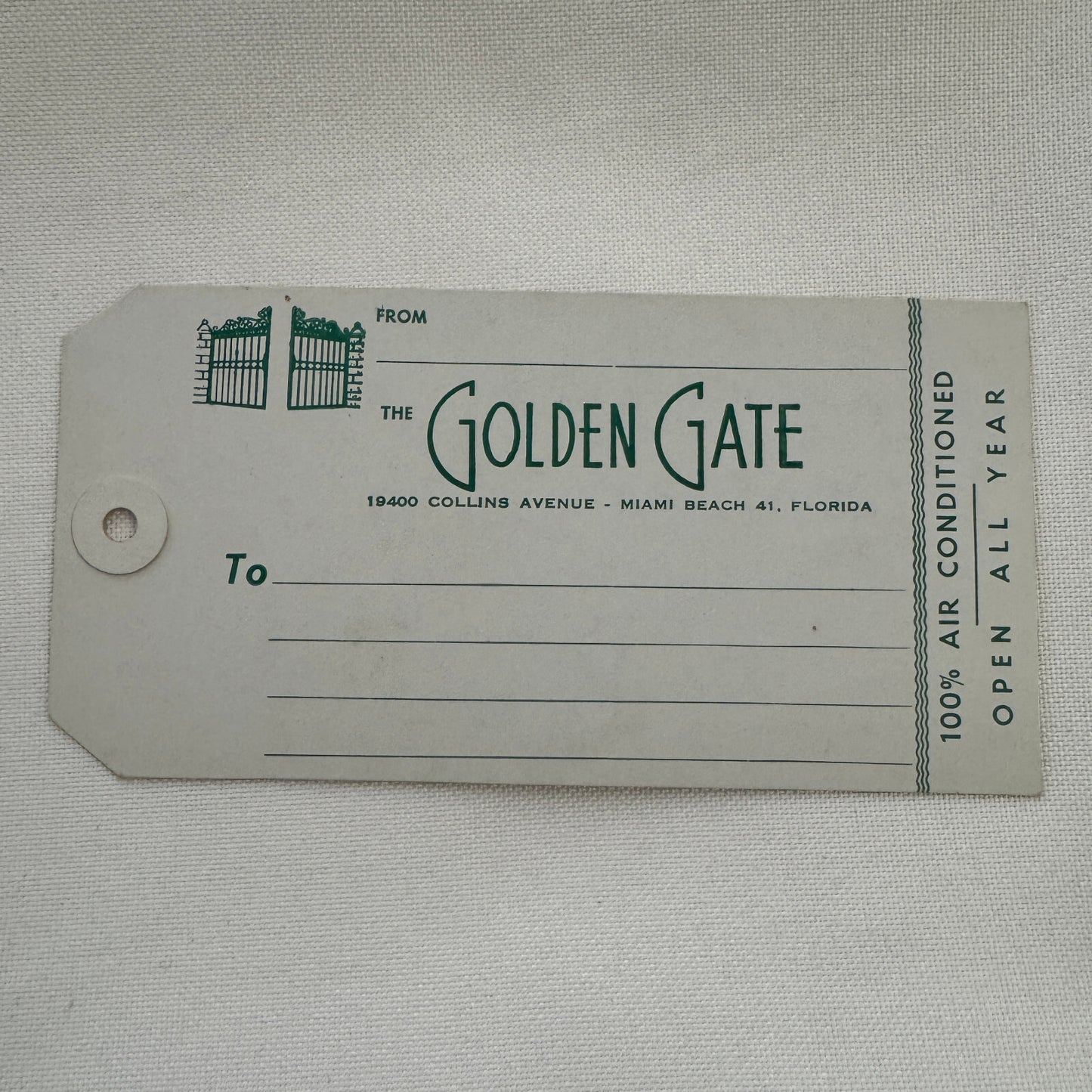 Vintage Hotel Travel Luggage Tag Label The Golden Gate Hotel Miami Beach Florida