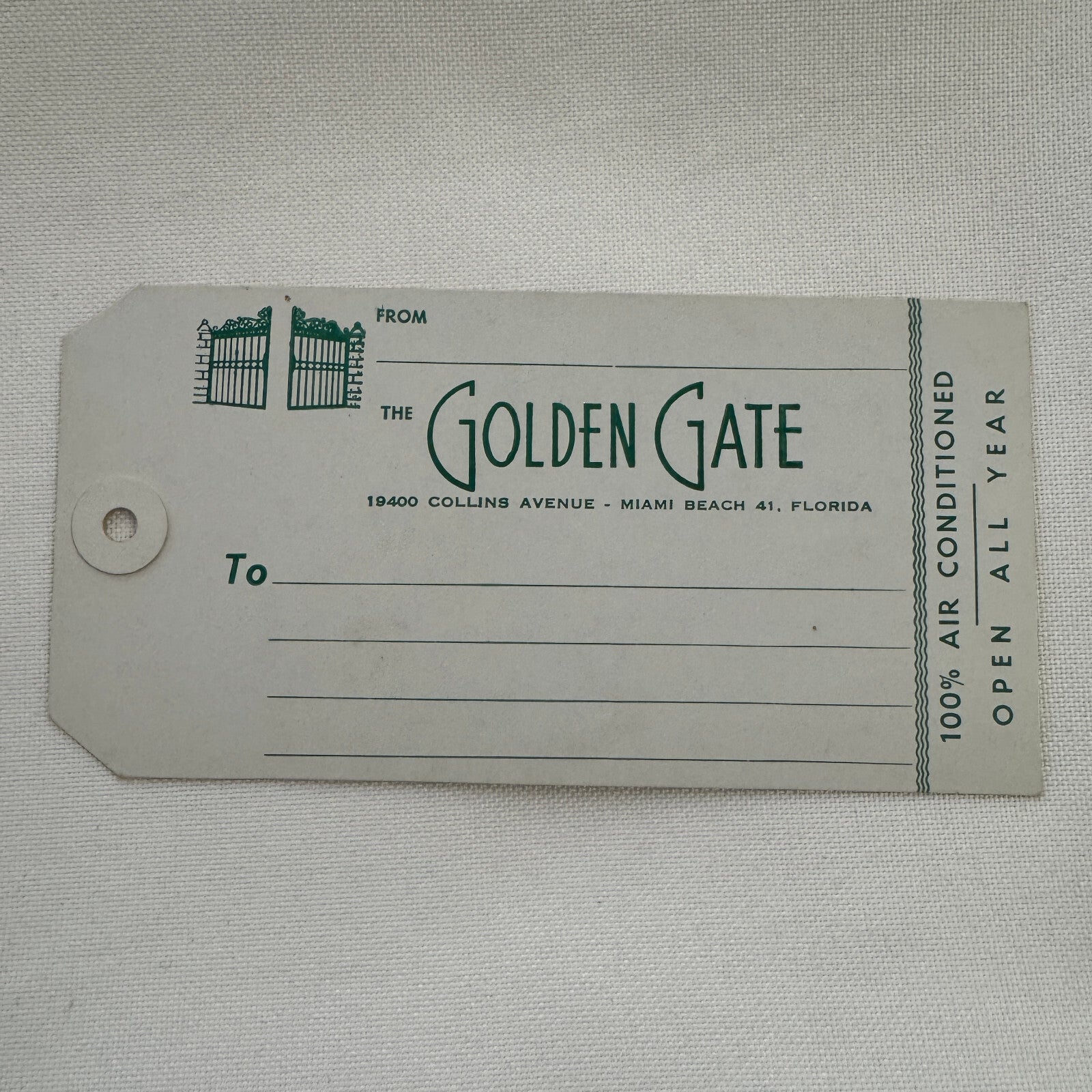 Vintage Hotel Travel Luggage Tag Label The Golden Gate Hotel Miami Beach Florida
