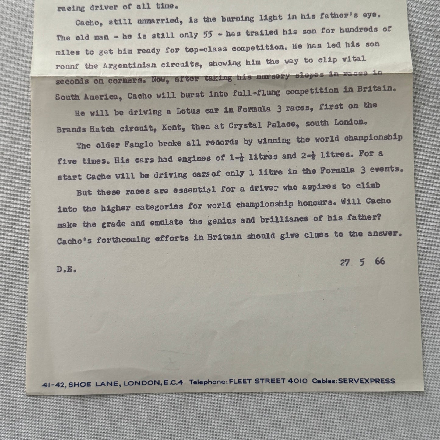 Juan Manuel Fangio Son Cacho Press Release Document London Vintage