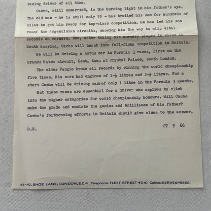 Juan Manuel Fangio Son Cacho Press Release Document London Vintage