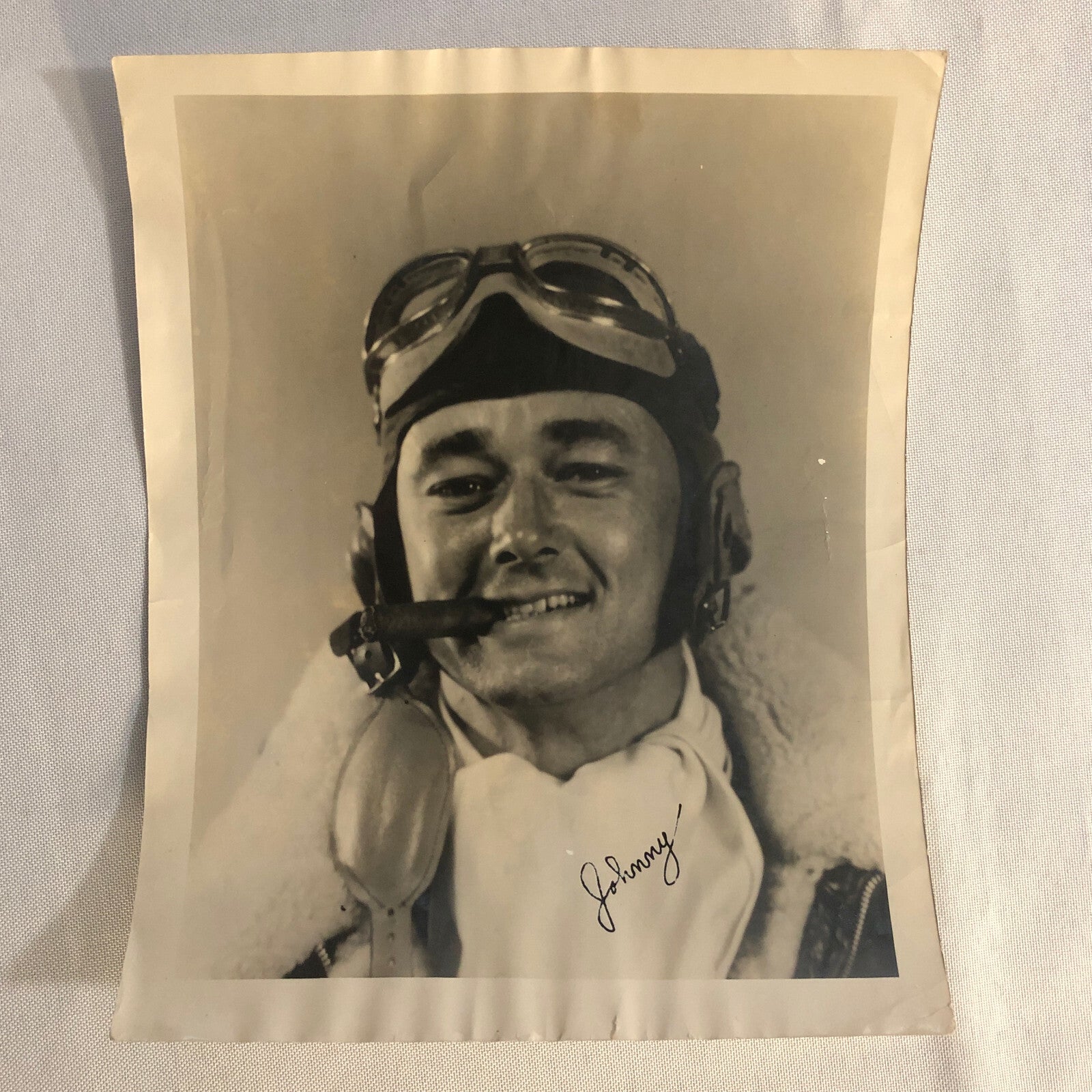 Vintage Pilot Photo Photograph Print Man with Cigar Goggles Military ?