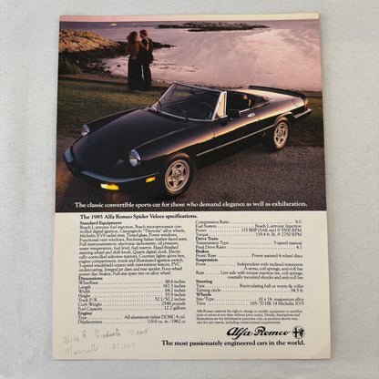 1985 Alfa Romeo Spider Veloce and GTV-6 2.5 Coupe Sales Sheet Brochure GTV 6