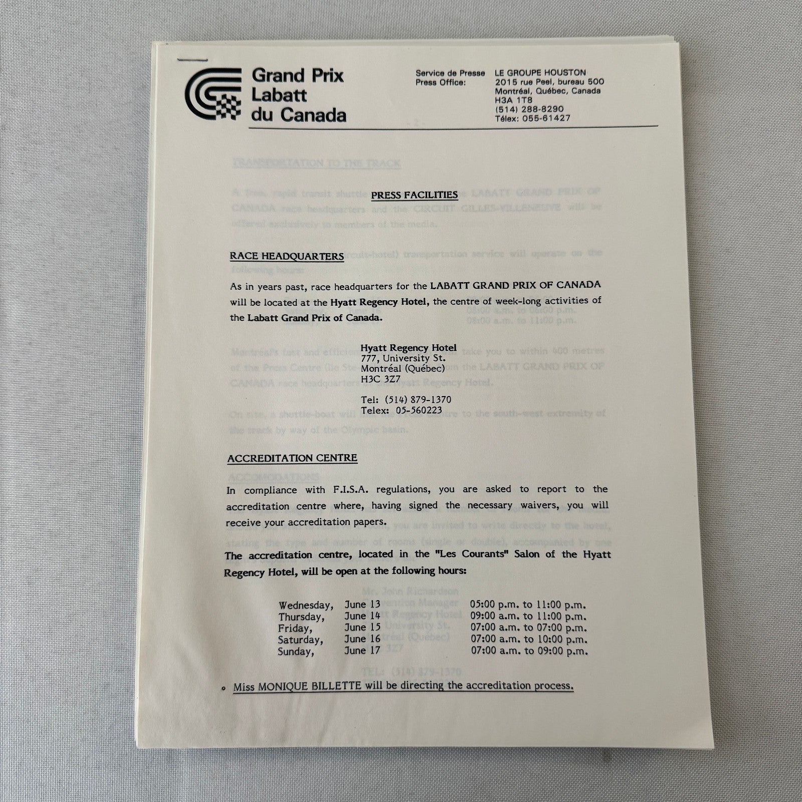 1984 Labatt Montreal Canadian Grand Prix F1 Formula One Press Kit Brochure