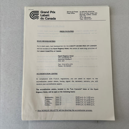 1984 Labatt Montreal Canadian Grand Prix F1 Formula One Press Kit Brochure