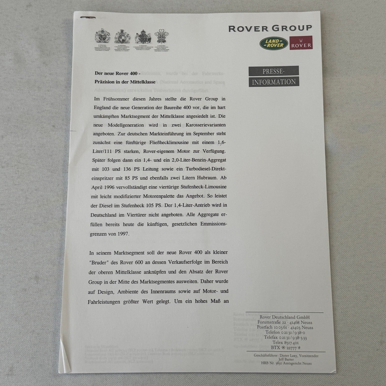 1995 1996 Rover Land Rover Press Kit Mini Cooper MG MGF Range Rover GERMAN