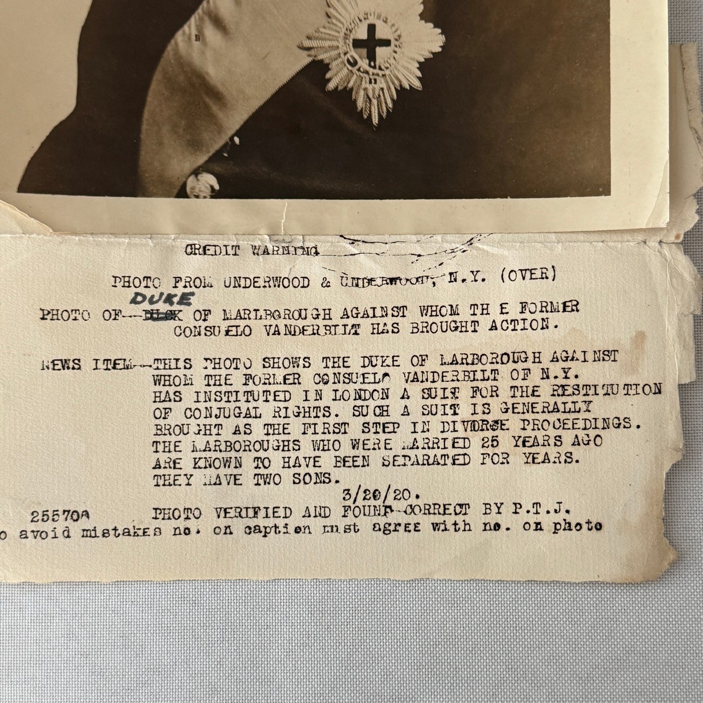 British Duke of Marlborough Consuelo Vanderbilt Divorce Press Photo 1920